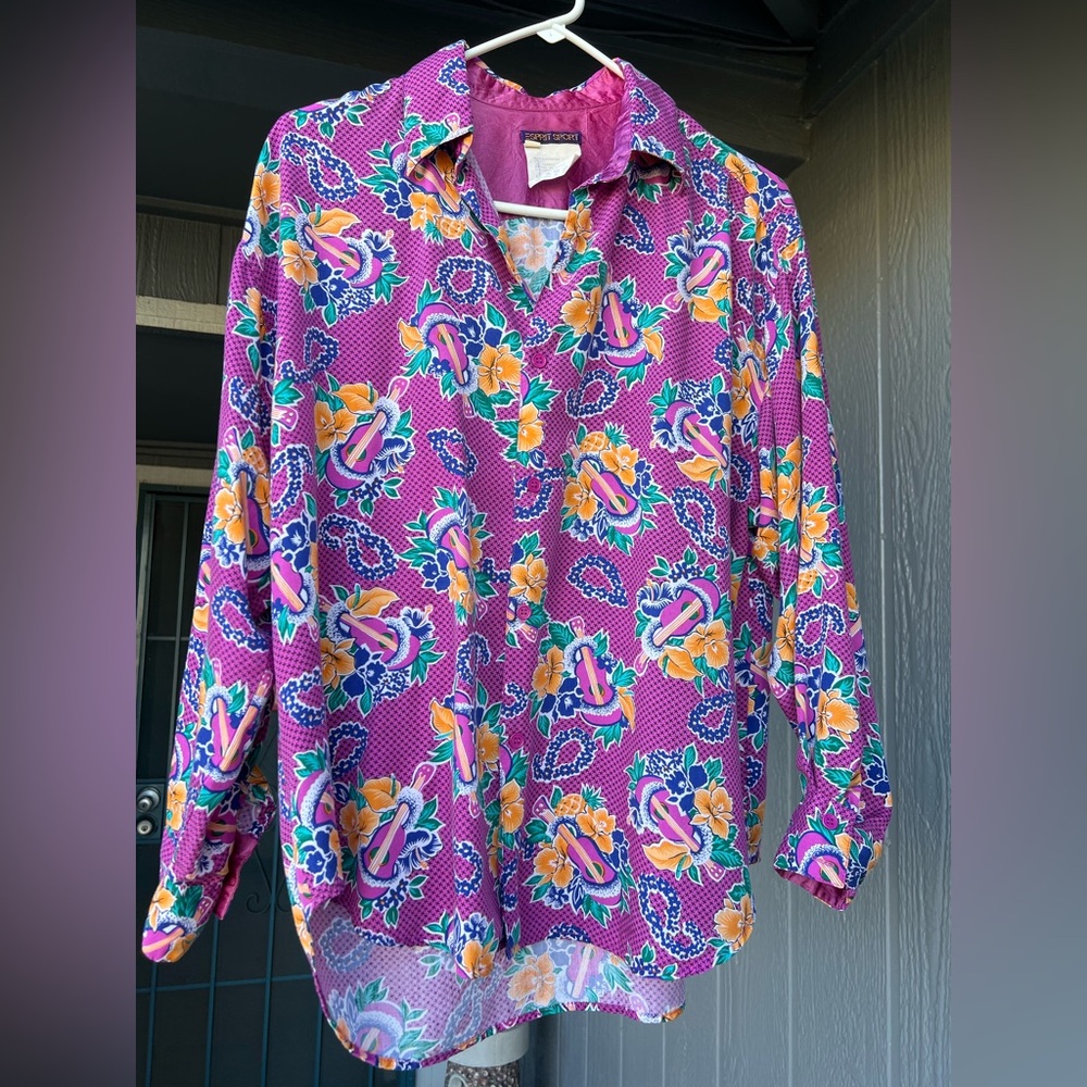 ESPRIT SPORT SMALL top vintage 90s button down shirt Hawaiian tropical print S